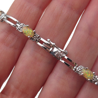 925 Sterling Silver Real Diamond Accent & Opal Bracelet 7"