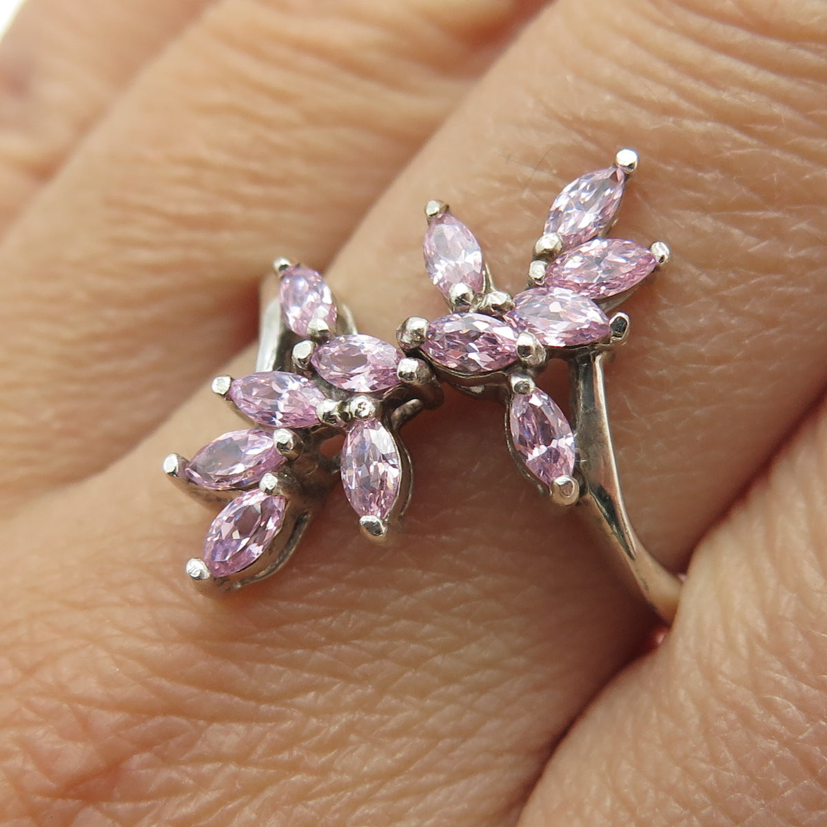 925 Sterling Silver Marquise-Cut Pink C Z Bypass Ring Size 10