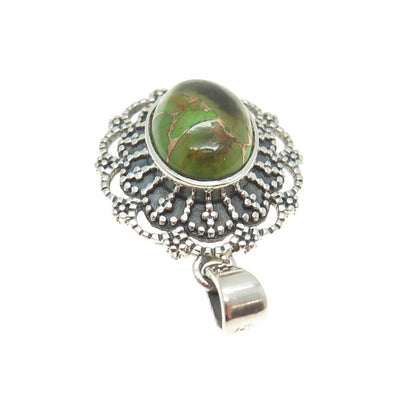 925 Sterling Silver Vintage Green Copper Turquoise Gem Ethnic Frame Pendant