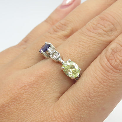 925 Sterling Silver Real Amethyst Peridot & Round-Cut C Z Ring Size 8