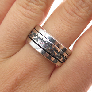 925 Sterling Silver Vintage Mexico Dolphin Rotating Band Oxidized Ring Size 10.5