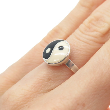 925 Sterling Silver Vintage Black & White Enamel Yin Yang Ring Size 6.25