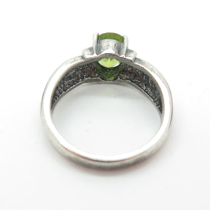 925 Sterling Silver Vintage Real Peridot Gemstone Ribbed Ring Size 5.75