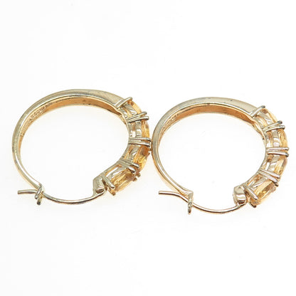 925 Sterling Silver Gold Plated Citrine Gem Hinged Hoop Earrings