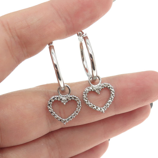 925 Sterling Silver Real White Diamond Accent Heart Dangle Hinged Hoop Earrings