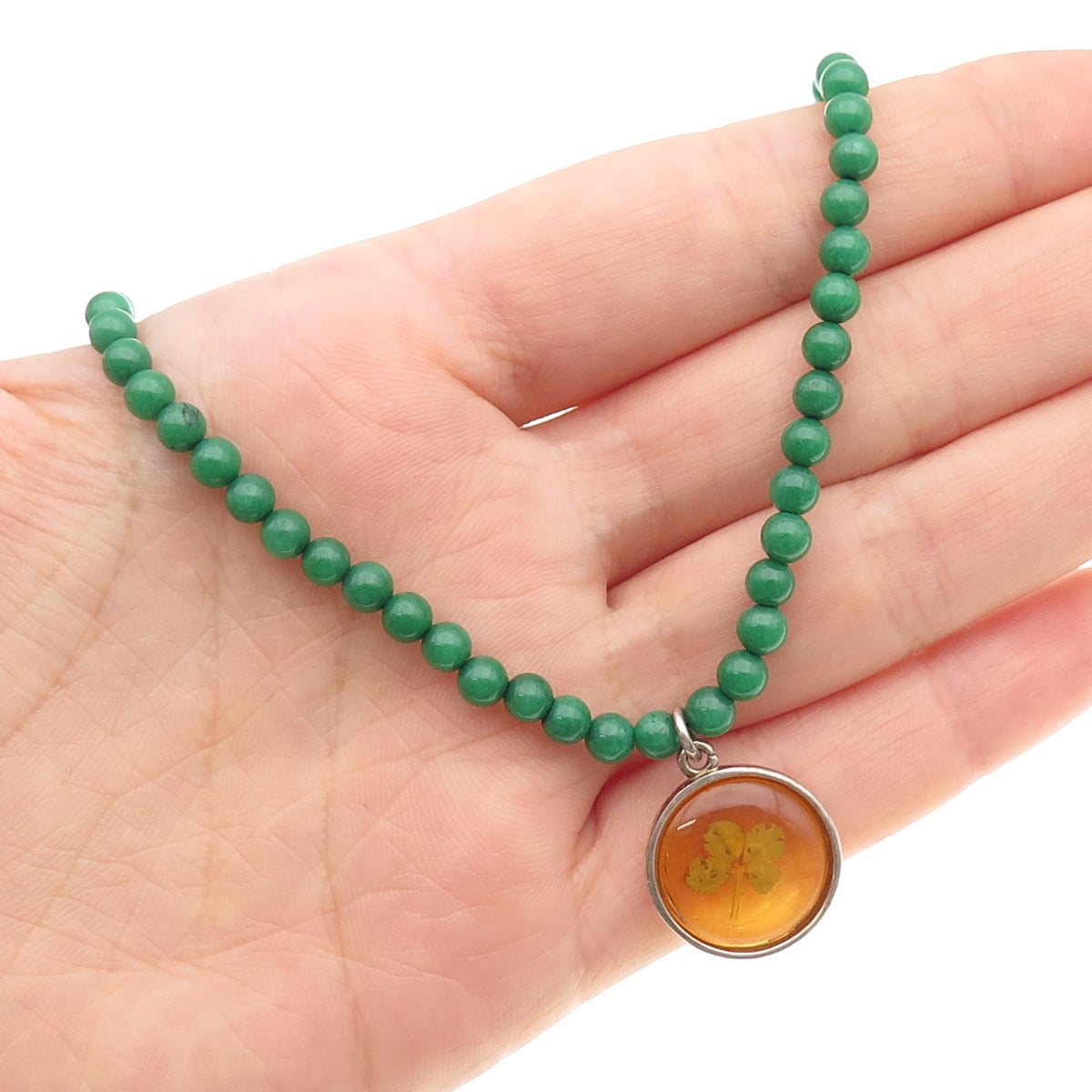 LUCKY 925 Sterling Silver Vintage Green Onyx Enamel Pressed Clover Necklace 16"