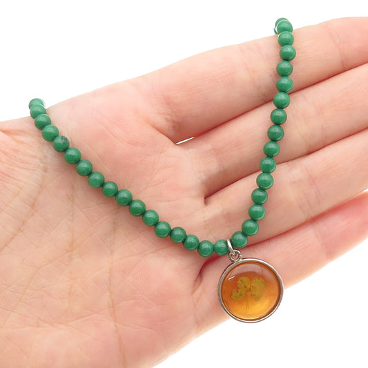 LUCKY 925 Sterling Silver Vintage Green Onyx Enamel Pressed Clover Necklace 16"