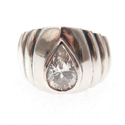 925 Sterling Silver Vintage Pear-Cut C Z Modernist Oxidized Ring Size 7.5