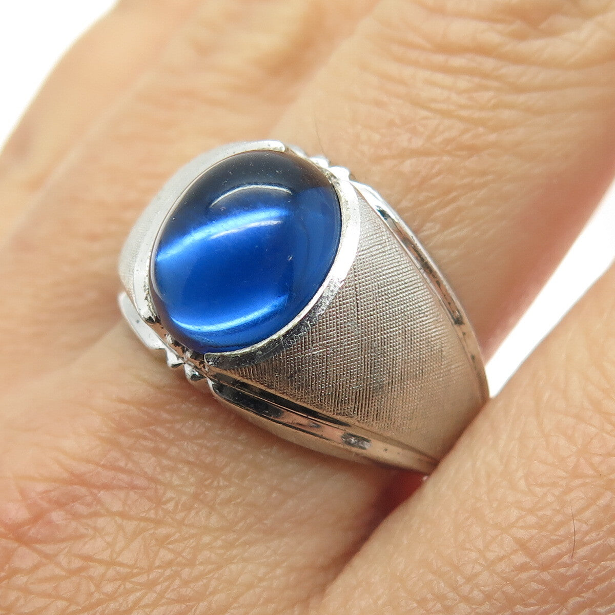 CLARK & COOMBS 925 Sterling Silver Antique Art Deco Blue Glass Ring Size 11.75