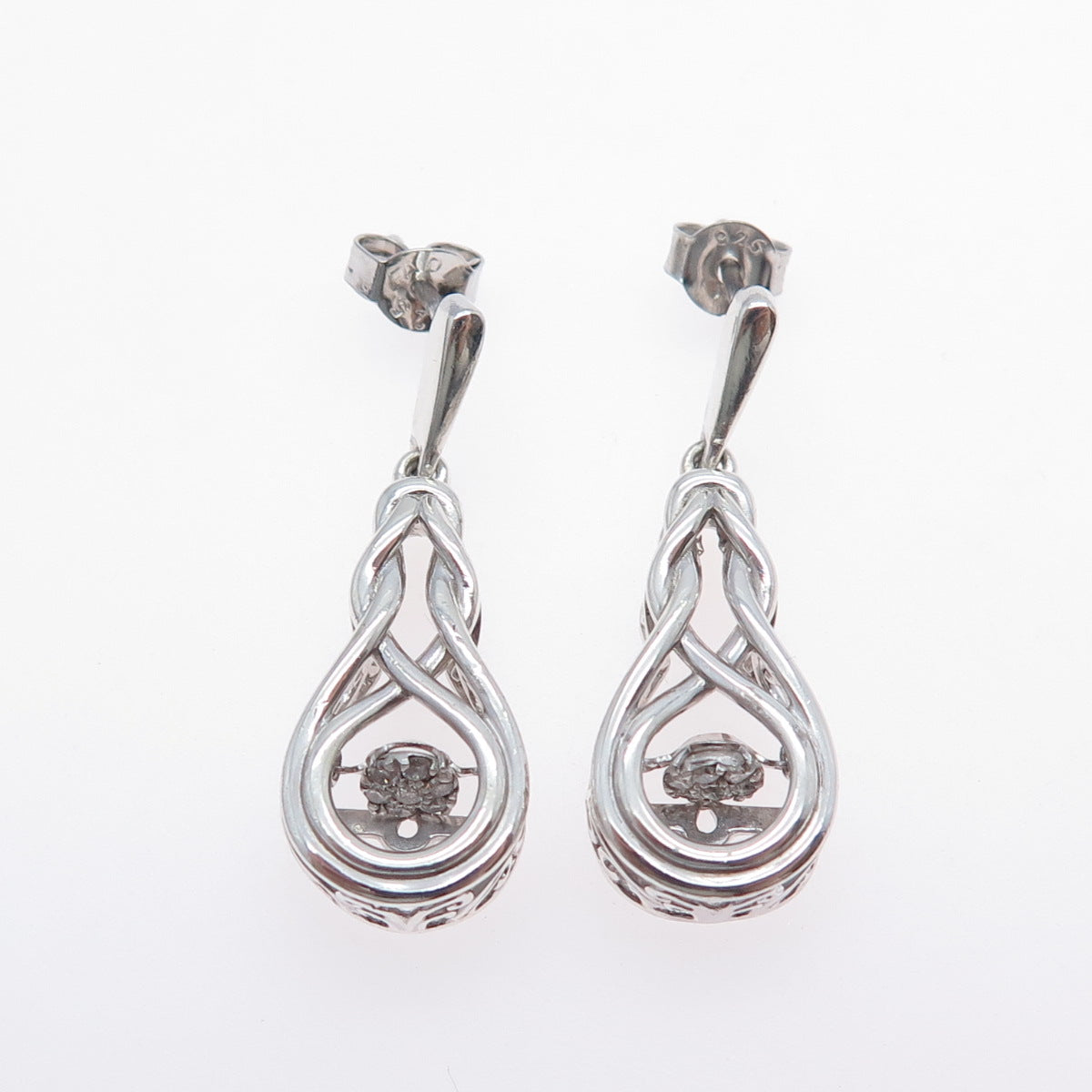 925 Sterling Silver Real Round-Cut Diamond Knot Dangle Earrings