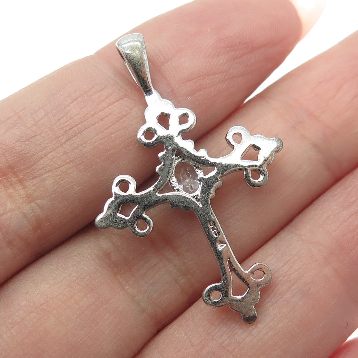 925 Sterling Silver Oval-Cut C Z Ornate Cross Pendant