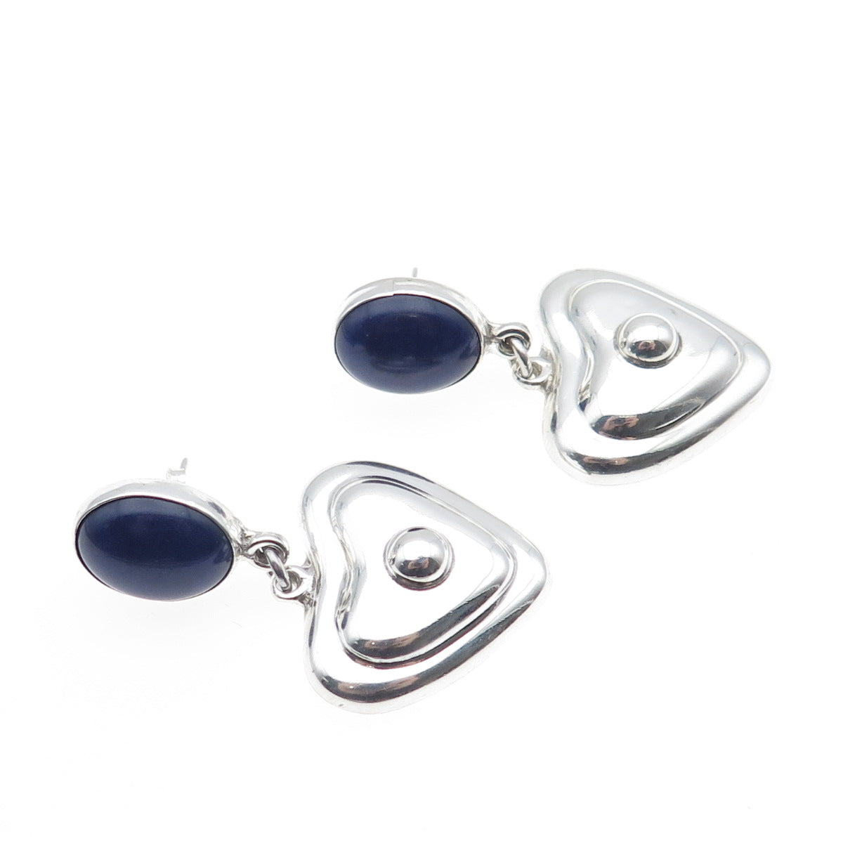 925 Sterling Silver Vintage Mexico Real Lapis Lazuli Heart Dangle Earrings