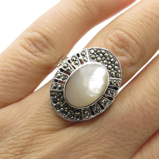 925 Sterling Silver Vintage Mother-of-Pearl & Marcasite Gemstone Ring Size 5.5