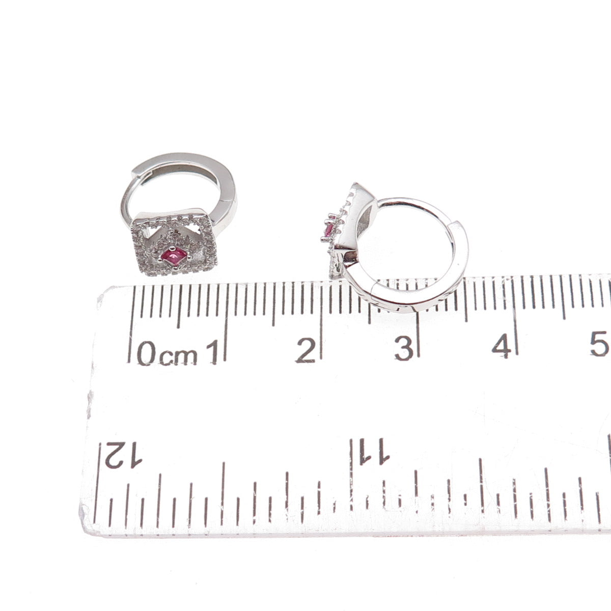 925 Sterling Silver Pink & White C Z Hoop Earrings