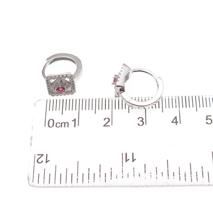 925 Sterling Silver Pink & White C Z Hoop Earrings