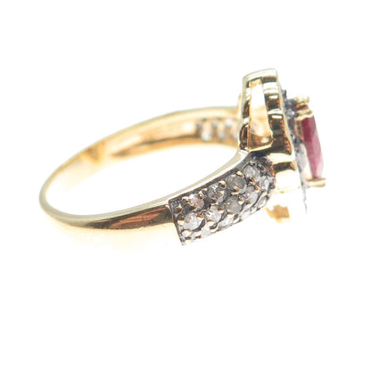 925 Sterling Silver Gold Plated Real Round-Cut Diamond & Ruby Ring Size 9.25