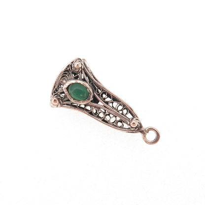 800 Silver Antique Art Deco Real Green Onyx Bell Filigree Oxidized Charm Pendant