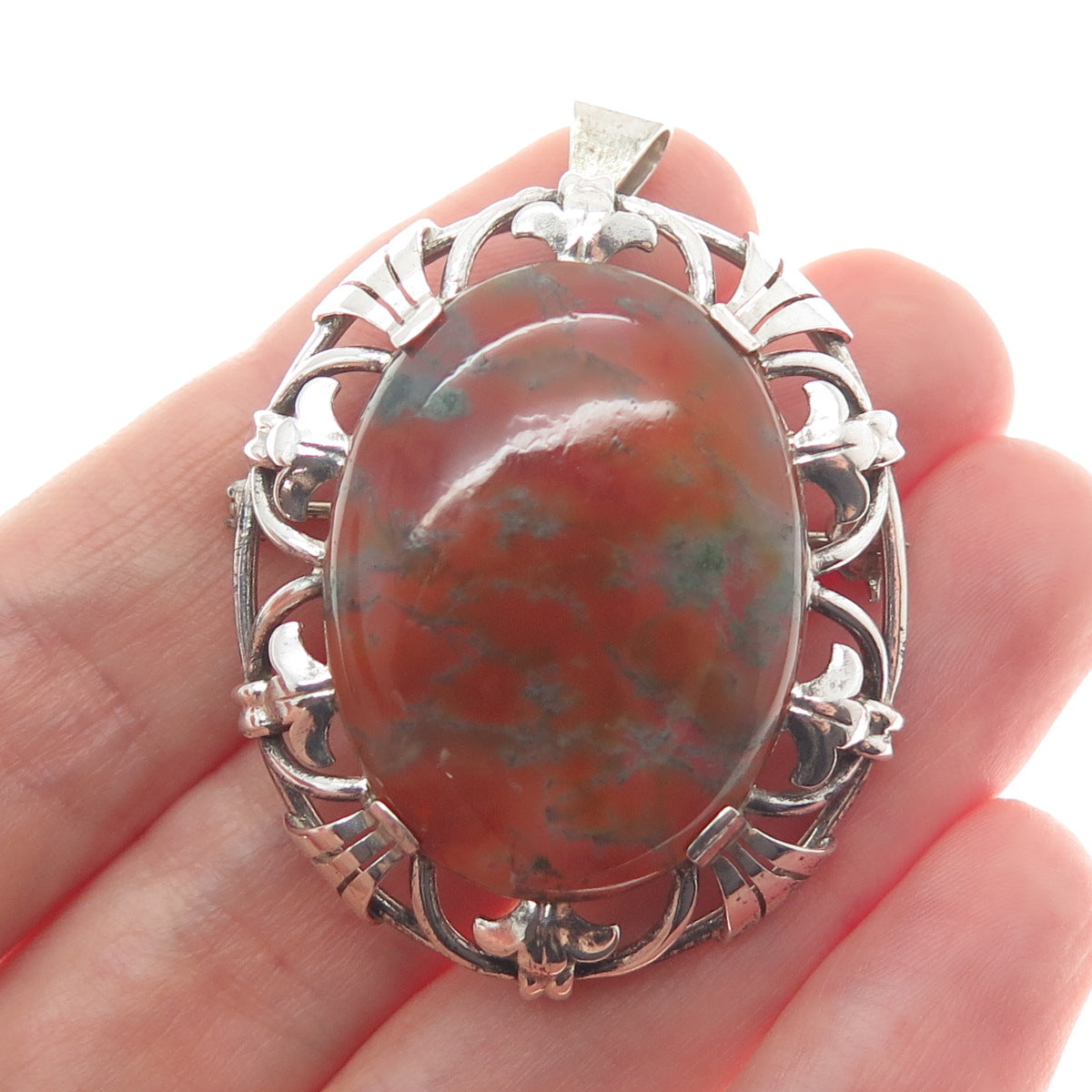 835 Silver Vintage Netherlands Real Fire Agate Gem Ornate Frame Pendant / Brooch