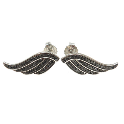 925 Sterling Silver Real Round-Cut Black Diamond Angel Wing Earrings