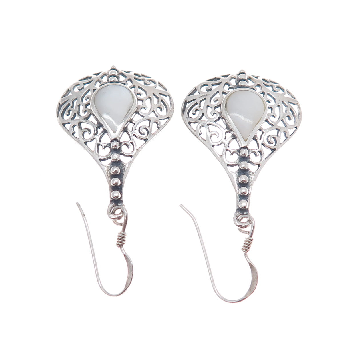 925 Sterling Silver Vintage Real MOP Ornate Oxidized Dangle Earrings