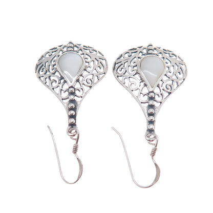 925 Sterling Silver Vintage Real MOP Ornate Oxidized Dangle Earrings