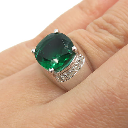 925 Sterling Silver Real Round-Cut Diamond & Synthetic Emerald Ring Size 6