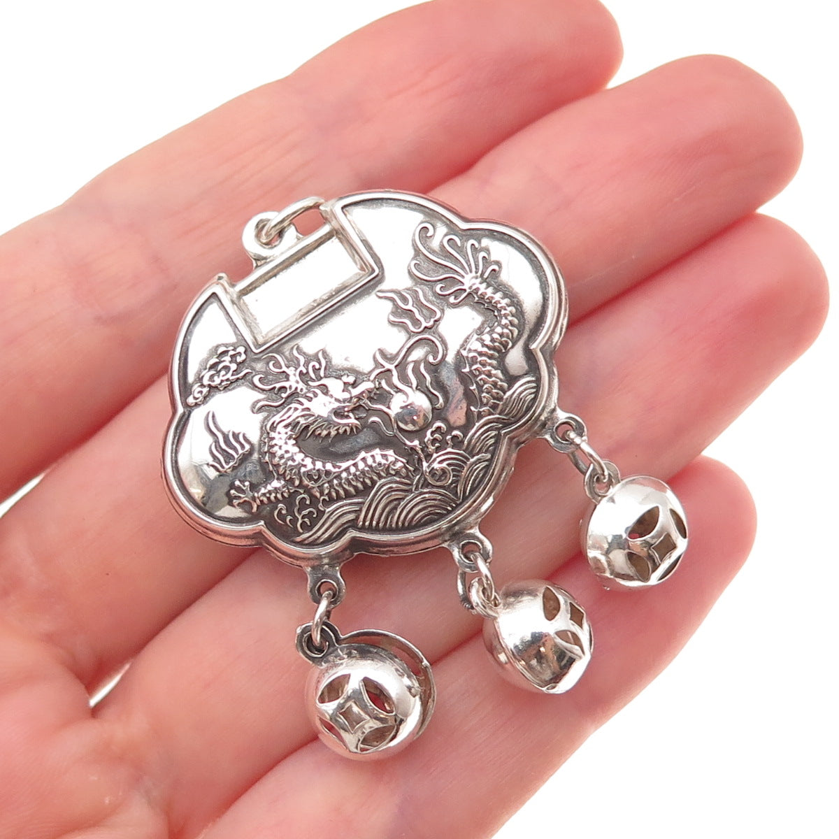 990 Silver Antique Chinese Dragon Longevity Lock Chatelaine Pendant