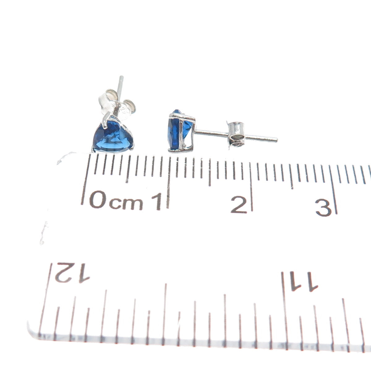 925 Sterling Silver Heart-Cut Dark Blue C Z Stud Earrings