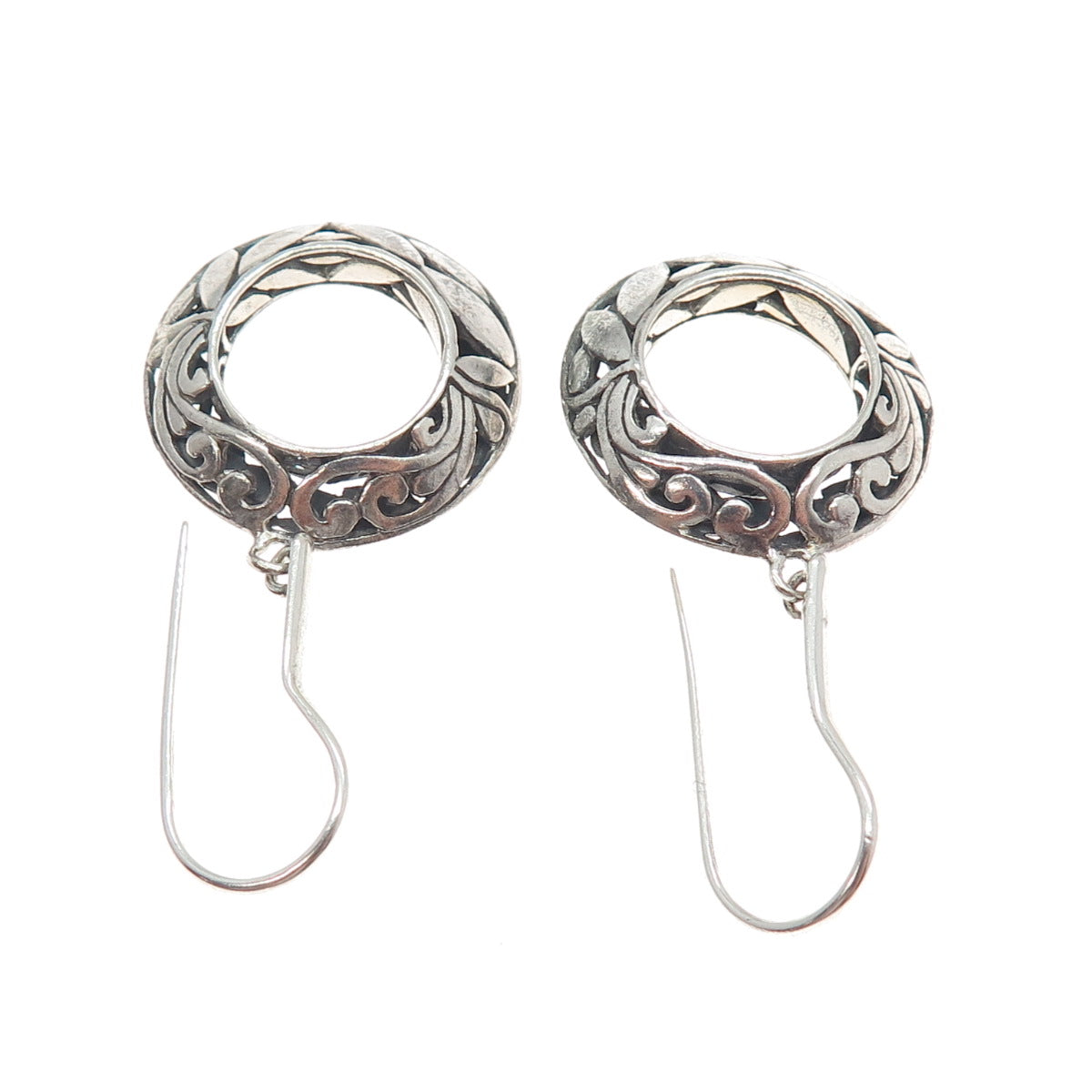 925 Sterling Silver Vintage Floral Ornate Circle Dangle Earrings