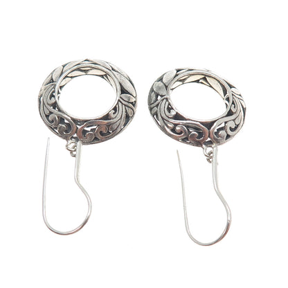 925 Sterling Silver Vintage Floral Ornate Circle Dangle Earrings