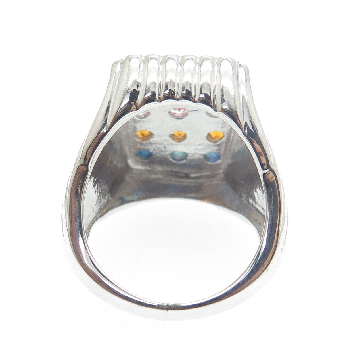 DSMK 925 Sterling Silver Round-Cut Multi-Color Sapphire Ribbed Ring Size 7.25