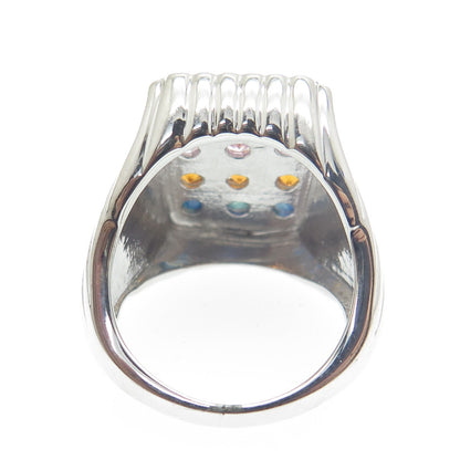 DSMK 925 Sterling Silver Round-Cut Multi-Color Sapphire Ribbed Ring Size 7.25