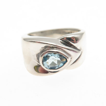 925 Sterling Silver Vintage OWB Real Blue Topaz Modernist Ring Size 5.5