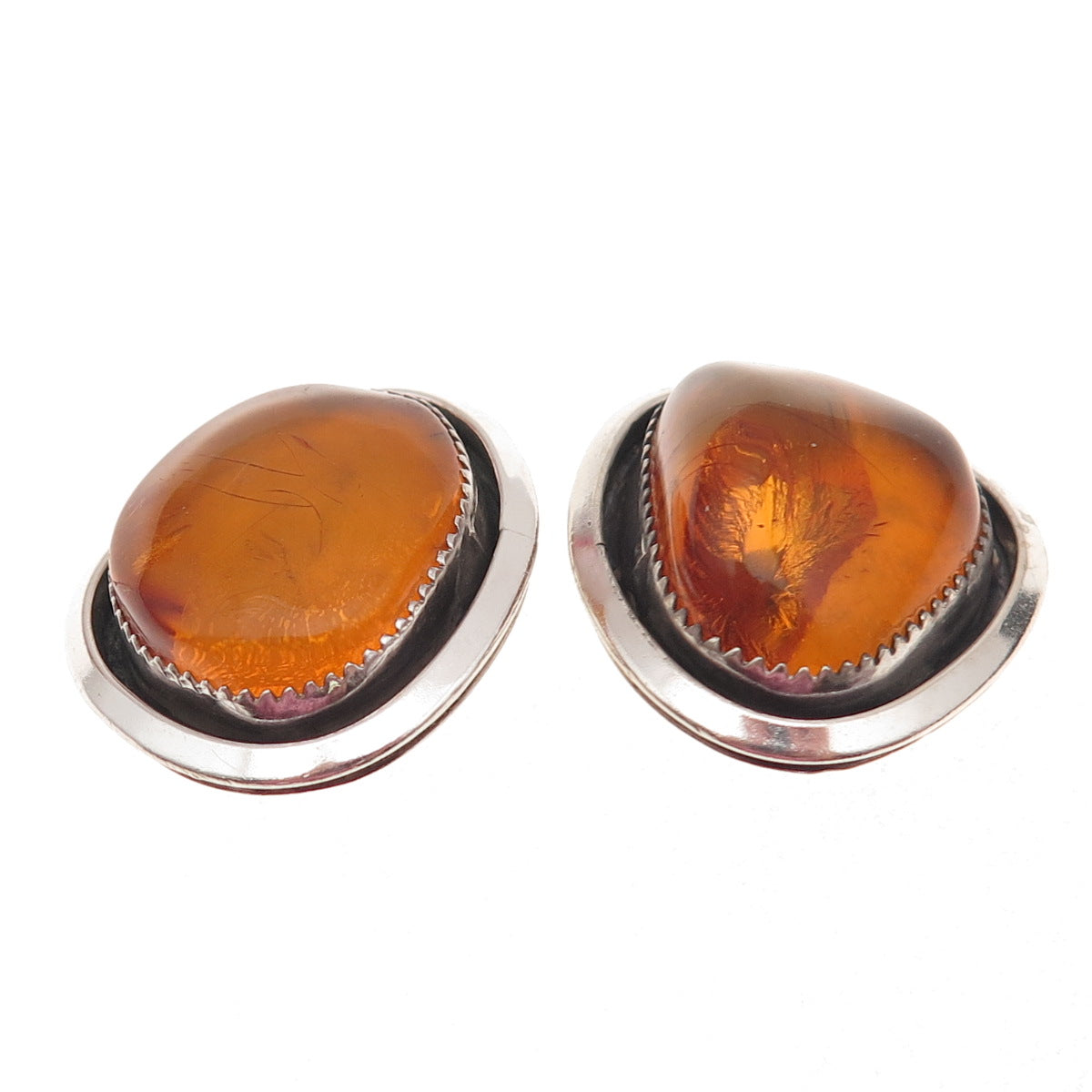 925 Sterling Silver Vintage Real Amber Modernist Oxidized Earrings