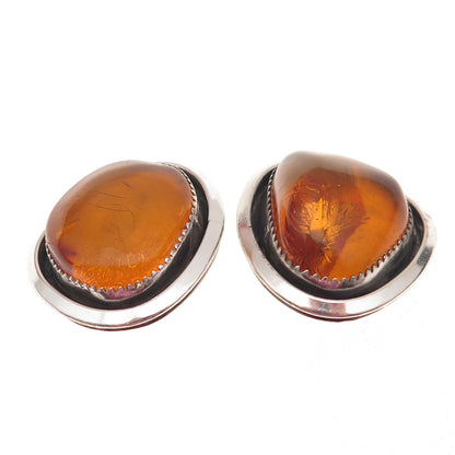 925 Sterling Silver Vintage Real Amber Modernist Oxidized Earrings