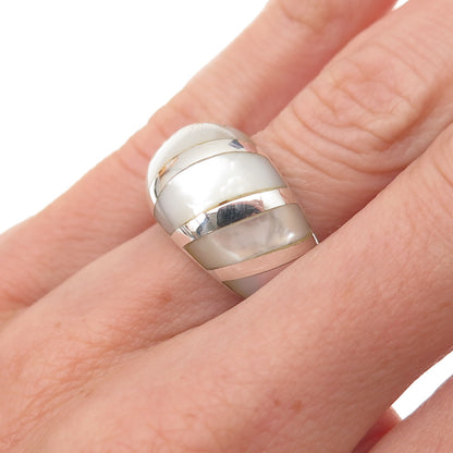 925 Sterling Silver Vintage Real MOP Modernist Oxidized Ring Size 5.75