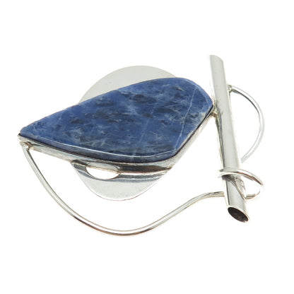 925 Sterling Silver Vintage Real Sodalite Modernist Slide Pendant / Pin Brooch