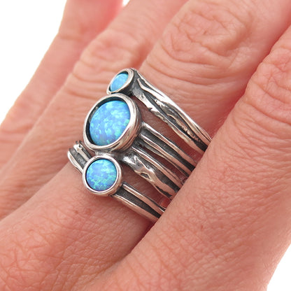 Didae Sterling Silver Vintage Israel Real Opal Modernist Oxidized Ring Size 8.5