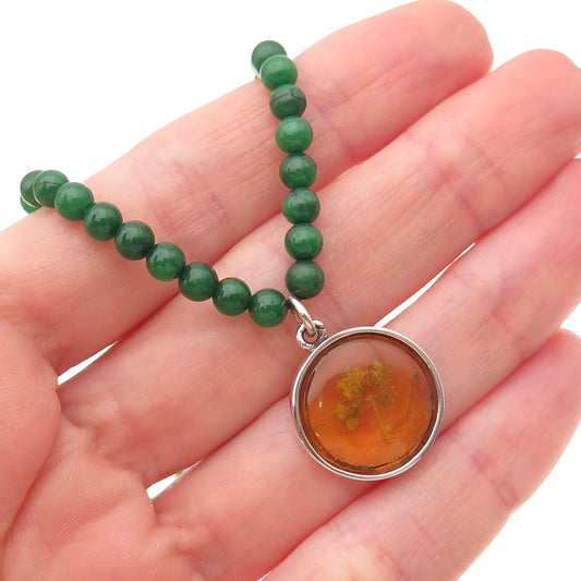 Lucky Sterling Silver Vintage Real Amber & Jade Clover Beaded Chain Necklace 16"