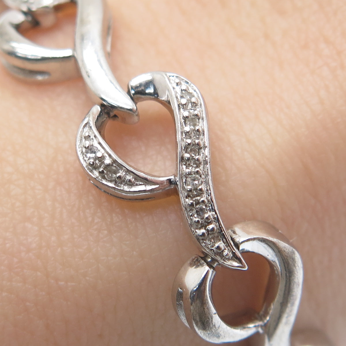 SUN 925 Sterling Silver Real Round-Cut Diamond Heart Link Bracelet 7"