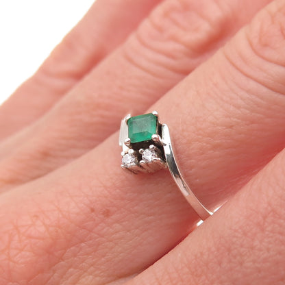 925 Sterling Silver Vintage Real Emerald & C Z Bypass Ring Size 7.25