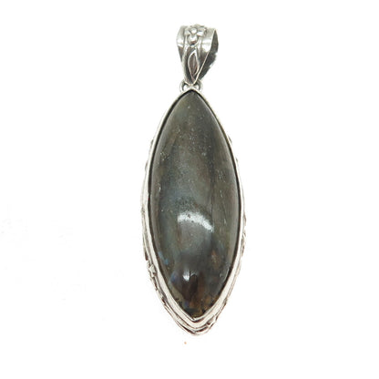 925 Sterling Silver Vintage Real Labradorite Gemstone Floral Accent Pendant