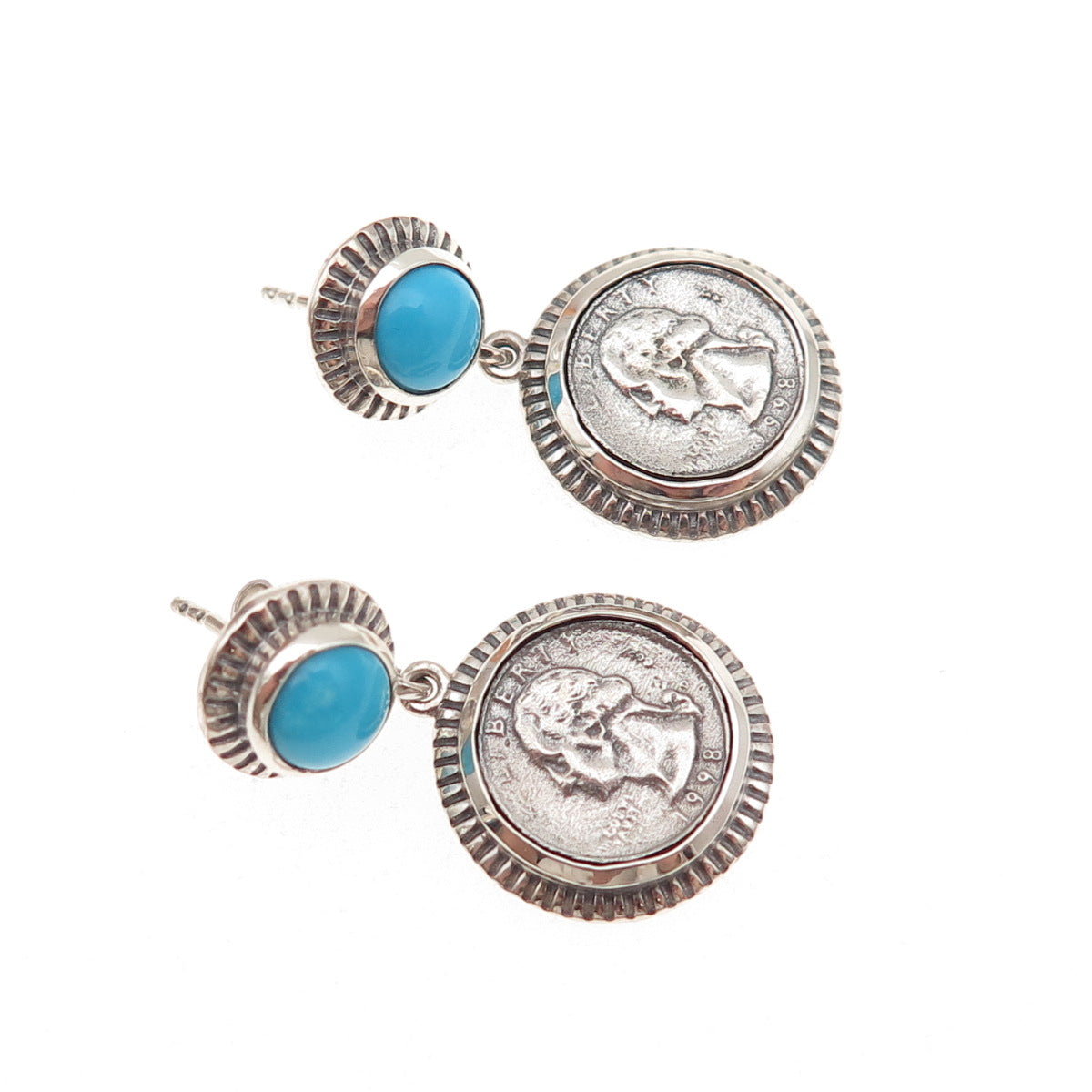 D'Joy 925 Sterling Silver Real Turquoise Washington Quarter Coin Dangle Earrings