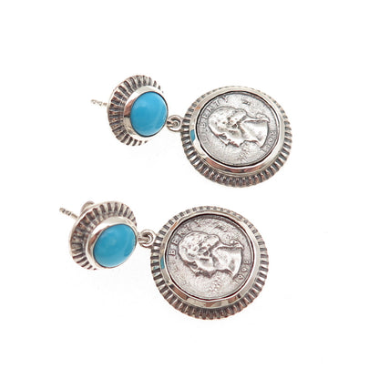 D'Joy 925 Sterling Silver Real Turquoise Washington Quarter Coin Dangle Earrings