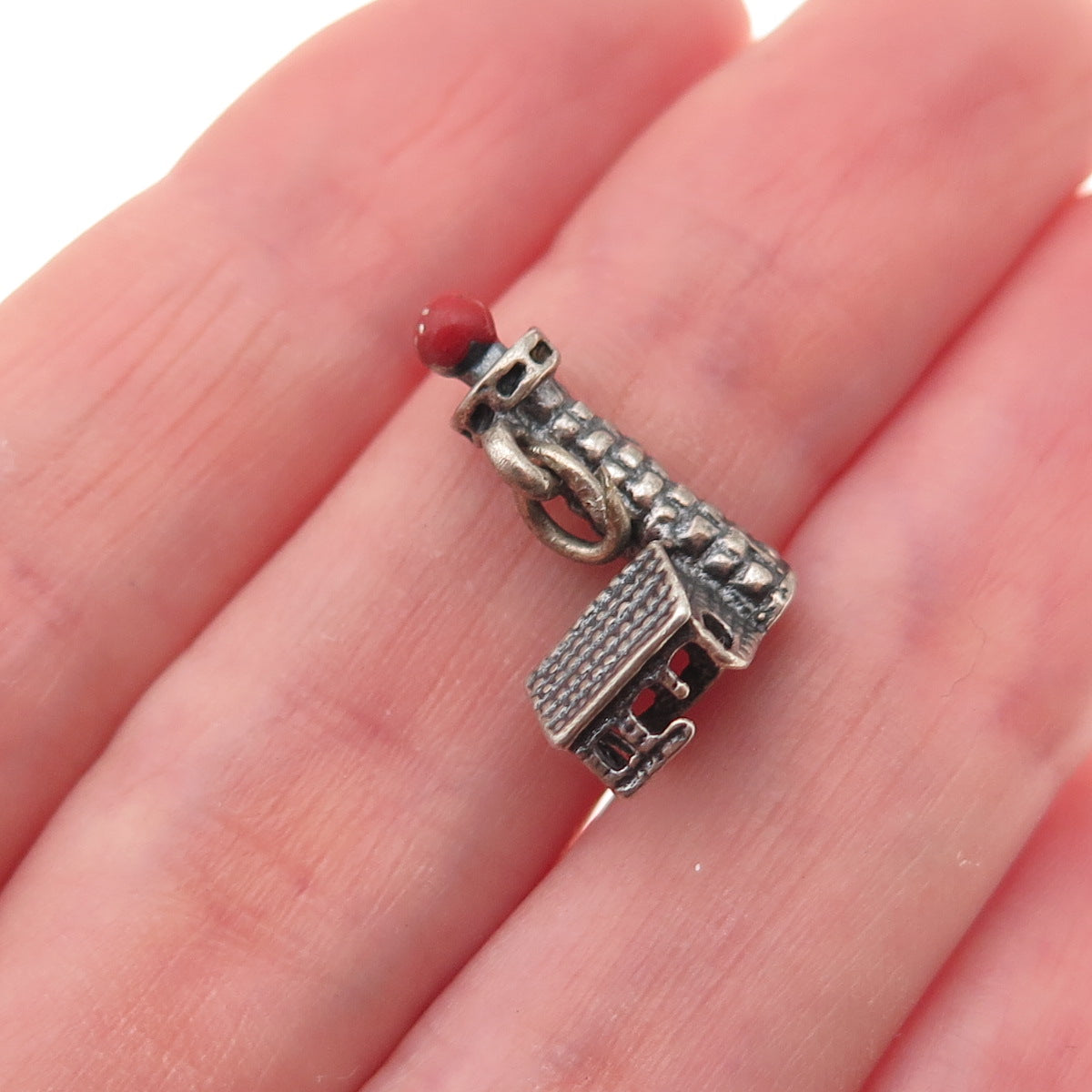 925 Sterling Silver Vintage Enamel Lighthouse Oxidized 3D Charm Pendant