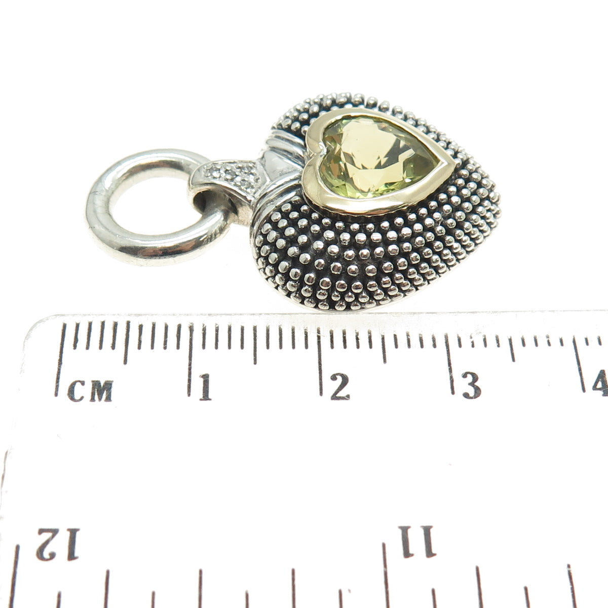 14K Gold & 925 Sterling Silver Vintage Real Diamond & Peridot Heart Pendant