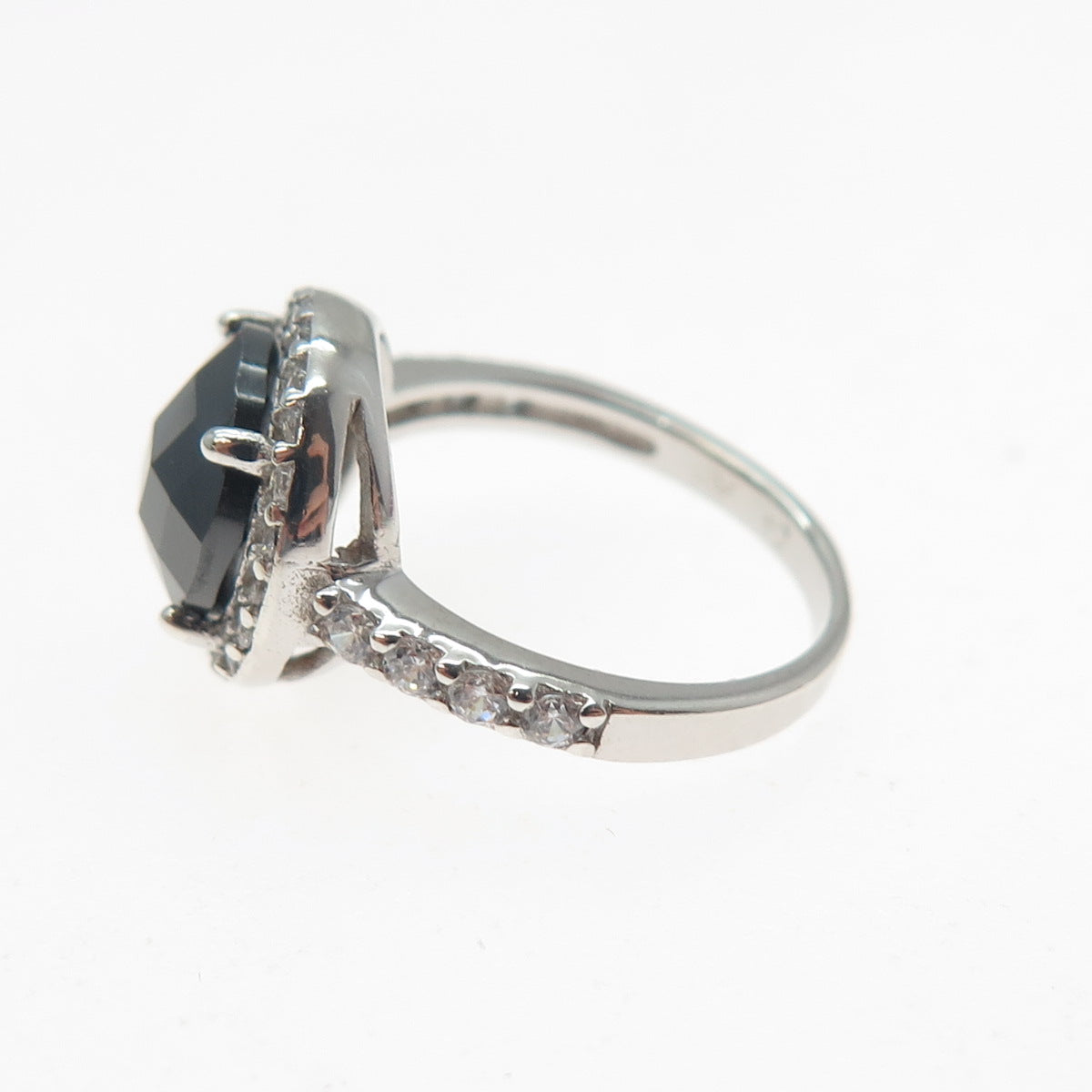 925 Sterling Silver Vintage Real Round-Cut Black Spinel & C Z Ring Size 4.75