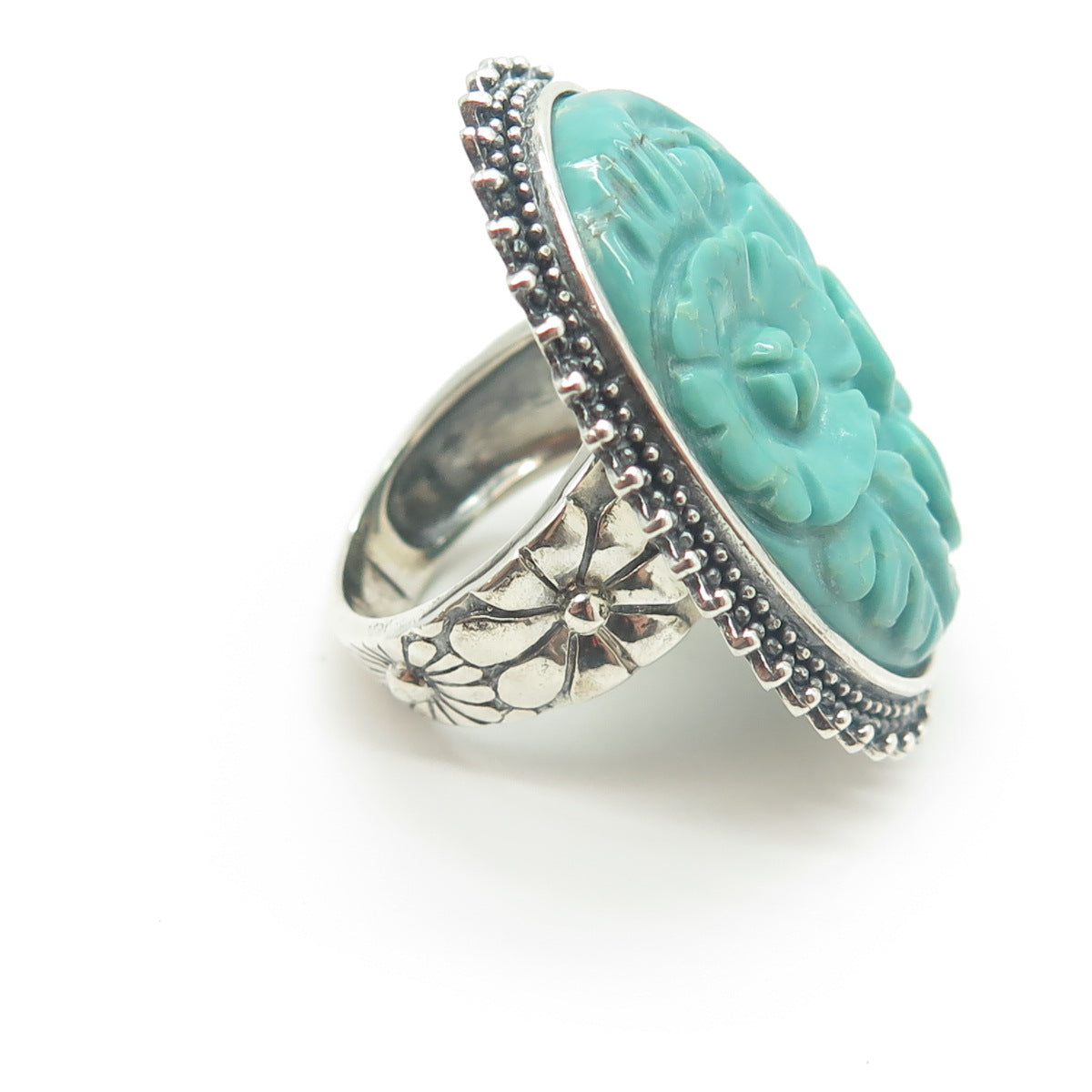 AMY KAHN RUSSELL Sterling Silver Turquoise Carved Floral Ring Size 6.25