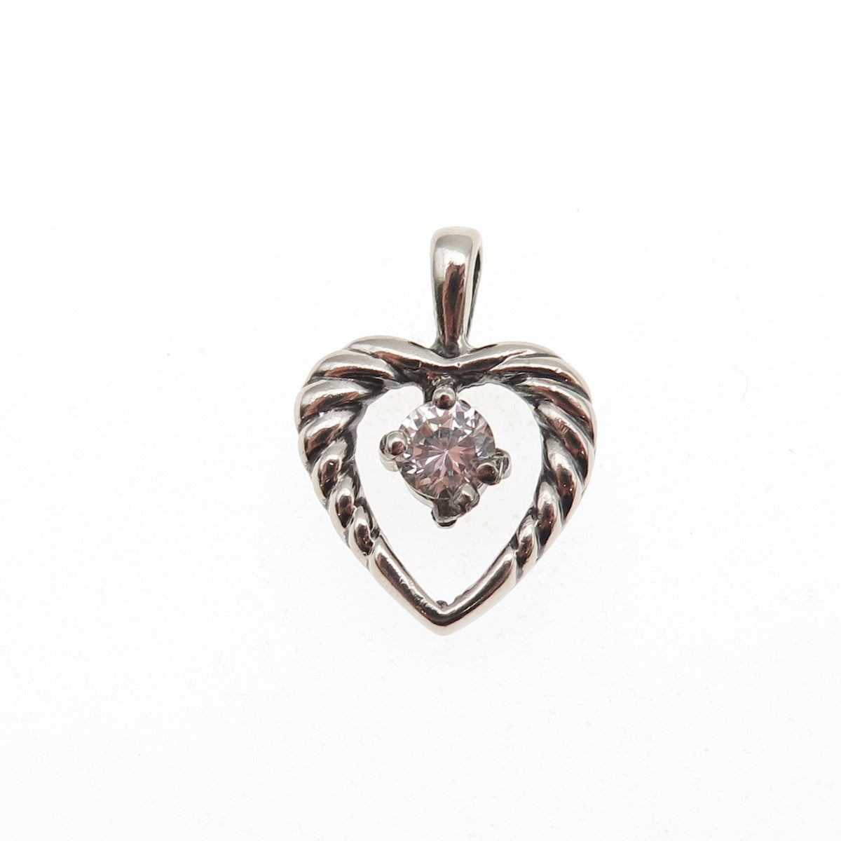 925 Sterling Silver Vintage Round-Cut C Z Heart Mini Charm Pendant