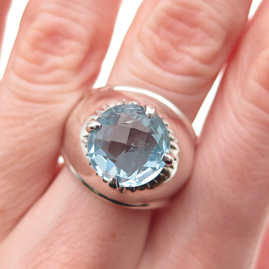 925 Sterling Silver Vintage Real Round-Cut Blue Topaz Modernist Ring Size 8